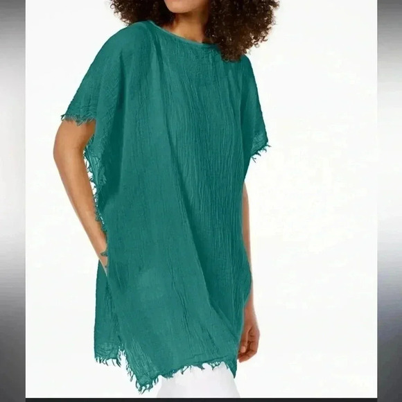 [OS]  Eileen Fisher V-Neck Organic Cotton Fringe-Trim Poncho Peach - Picture 8 of 8